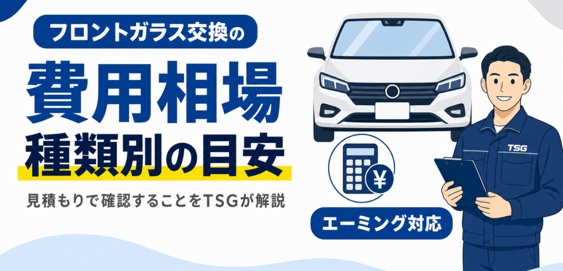 フロントガラス交換の費用相場と種類別の目安、見積もりで確認することを解説する見出し画像